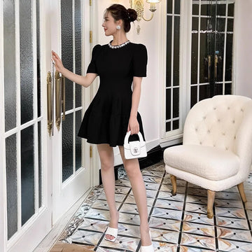 Xajzpa Fashion Solid Color Dress Women's Diamond Studded Round Neck Waist Cinched Puffy Dresses 2025 Summer New Tide